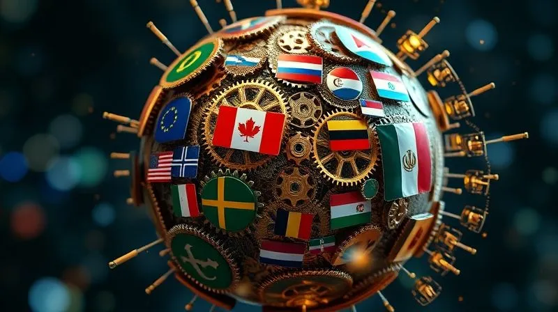 photorealistic, professional photography, 8K, cinematic lighting, sharp focus, depth of field, shot on a high-end DSLR. A globe composed of interlocking gears and cogs, with various national flags subtly integrated into its surface. Different currencies are shown as energy flows between segments of the globe, illustrating interconnected global markets and the strategic movement of capital across borders for diversification.