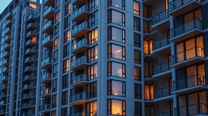 photorealistic, professional photography, 8K, cinematic lighting, sharp focus, depth of field, shot on a high-end DSLR, a sleek modern apartment building facade at dusk, with warm lights in the windows, subtly showing architectural elements that suggest it was once an office building, symbolizing successful adaptive reuse, urban setting.