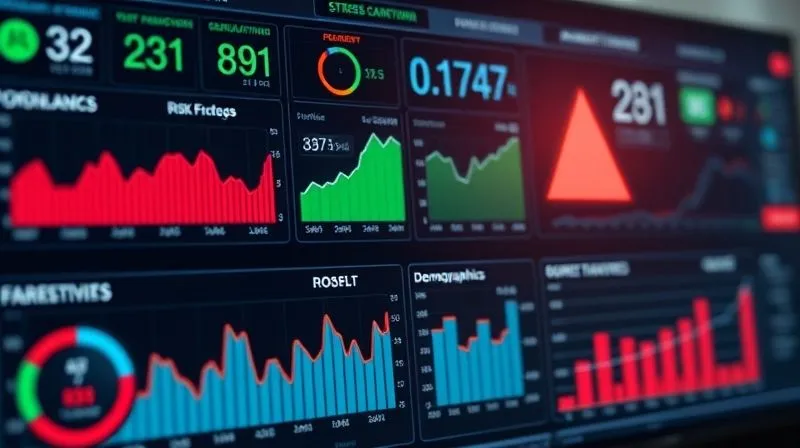 photorealistic, professional photography, 8K, cinematic lighting, sharp focus, depth of field, shot on a high-end DSLR, a complex financial dashboard displaying various risk metrics and demographic forecasts, with a red alert icon flashing next to a simulated market downturn scenario, symbolizing proactive risk management and stress testing in real estate.