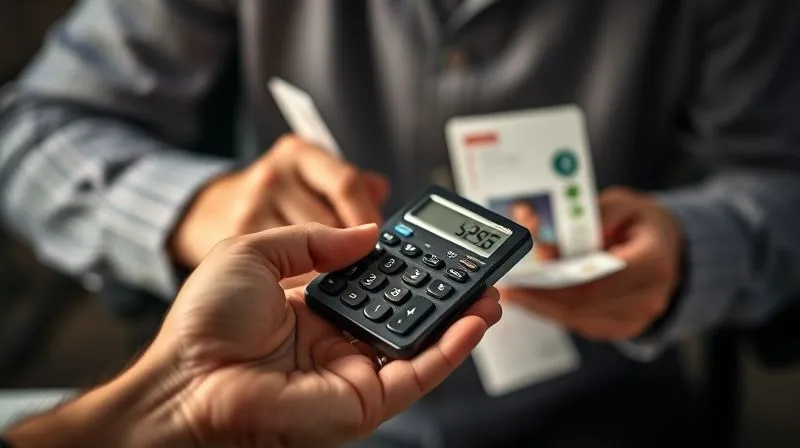 photorealistic, professional photography, 8K, cinematic lighting, sharp focus, depth of field, shot on a high-end DSLR, a hand holding a calculator, showing a low number, with a blurred background of a person diligently cutting up credit cards and subscription notices, symbolizing aggressive budgeting and expense reduction. The scene is focused and determined, with a slightly somber but hopeful mood.