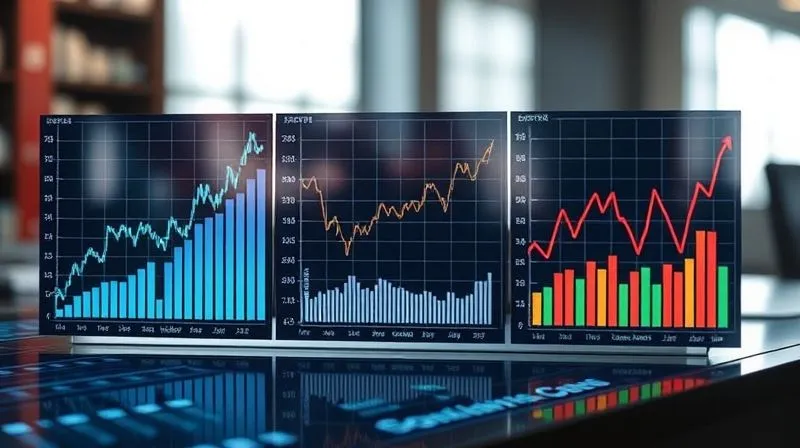 A photorealistic image of three distinct financial charts, each representing a different economic scenario (e.g., one showing strong growth, one showing stagnation, one showing decline). They are arranged side-by-side on a sleek digital display, with subtle connections between them. Professional photography, 8K, cinematic lighting, sharp focus on the charts, depth of field blurring the background, shot on a high-end DSLR. It visually represents scenario planning and alternative futures.