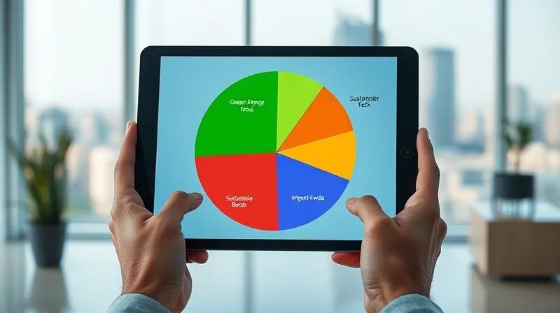 A photorealistic, professional photography, 8K, cinematic lighting, sharp focus, depth of field, shot on a high-end DSLR image of a vibrant, colorful pie chart representing a diversified investment portfolio, with distinct segments labeled 'Green Energy', 'Sustainable Tech', 'Ethical Bonds', and 'Impact Funds'. The chart is displayed on a tablet, held by hands in a light, airy modern office, with a blurred cityscape in the background.