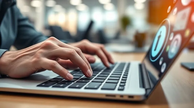 A photorealistic image of a business owner's hands typing urgently on a keyboard, with digital security icons overlayed, indicating quick action and data protection. Cinematic lighting, sharp focus on the hands, depth of field blurring a modern office background. 8K hyper-detailed, professional photography, shot on a high-end DSLR.