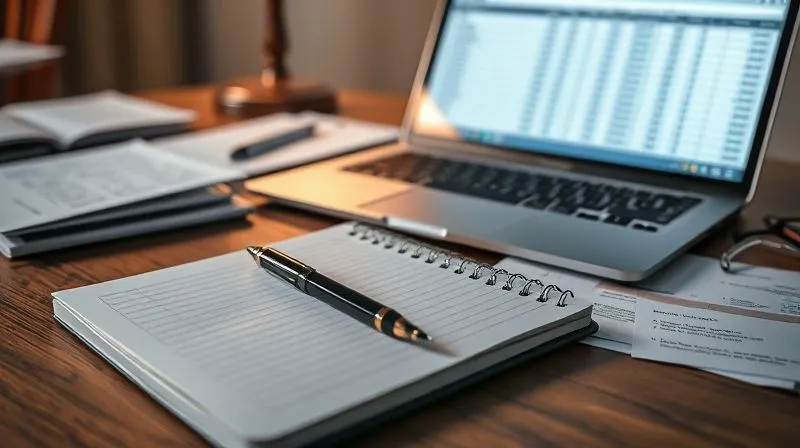 A photorealistic close-up of a well-organized desk with a notebook, pen, laptop displaying a spreadsheet, and scattered documents, all under focused, professional lighting. The scene conveys meticulous record-keeping and investigation. 8K hyper-detailed, professional photography, shot on a high-end DSLR.