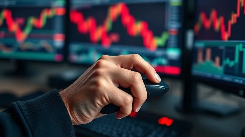 photorealistic, professional photography, 8K, cinematic lighting, sharp focus, depth of field, shot on a high-end DSLR, a trader's hands gripping a mouse tightly, knuckles white, with blurred red trading charts on multiple monitors in the background, conveying intense stress and focus.