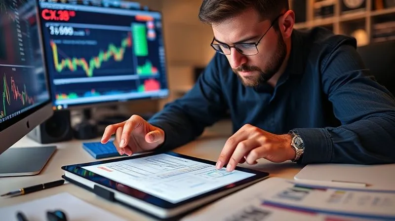 photorealistic, professional photography, 8K, cinematic lighting, sharp focus, depth of field, shot on a high-end DSLR, a trader meticulously reviewing a digital trading journal on a tablet, charts and data points highlighted, with a serious and analytical expression, surrounded by a clean, organized trading desk.