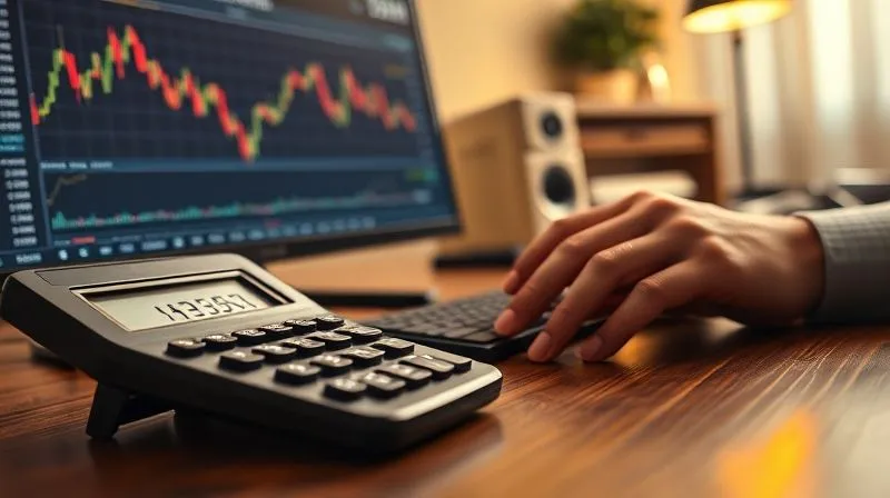 photorealistic, professional photography, 8K, cinematic lighting, sharp focus, depth of field, shot on a high-end DSLR, a financial calculator on a desk next to a trading screen showing an account balance, with a focused trader carefully inputting numbers to determine optimal position sizes, emphasizing precision and control.