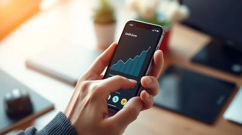 A photorealistic, professional photography, 8K image of a person holding a smartphone displaying a credit score monitoring app with an upward trending graph, symbolizing progress and vigilance. Cinematic lighting, sharp focus on the phone screen and hands, depth of field blurring a background of a calm, organized desk, shot on a high-end DSLR.