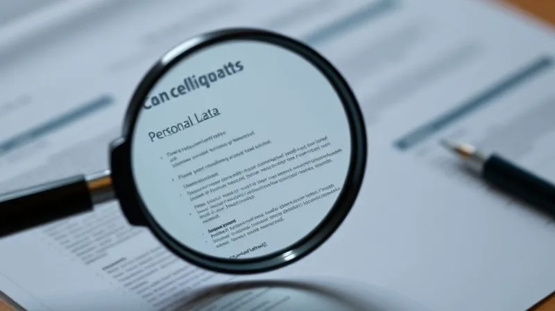 Photorealistic image of a magnifying glass hovering over a document with highlighted sections of personal data, cinematic lighting emphasizing the details, sharp focus on the document, depth of field blurring the background, 8K hyper-detailed.