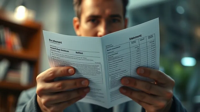 Photorealistic image of a person carefully reviewing a bank statement with a concerned expression, cinematic lighting highlighting the details, sharp focus on the statement, depth of field blurring the background, 8K hyper-detailed.