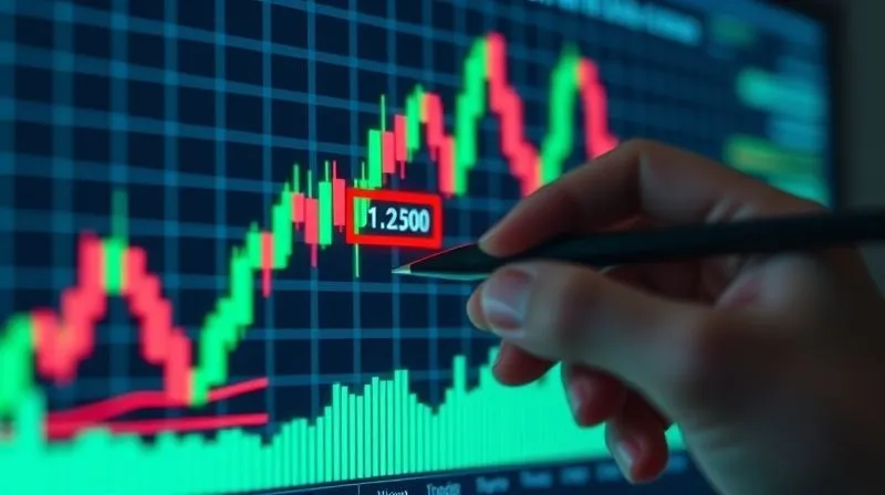 A photorealistic close-up of a digital candlestick chart on a screen, with specific price ranges highlighted by glowing green and red boxes, indicating concentrated liquidity positions. Cinematic lighting, sharp focus on the screen, depth of field blurring a hand holding a stylus. 8K hyper-detailed.