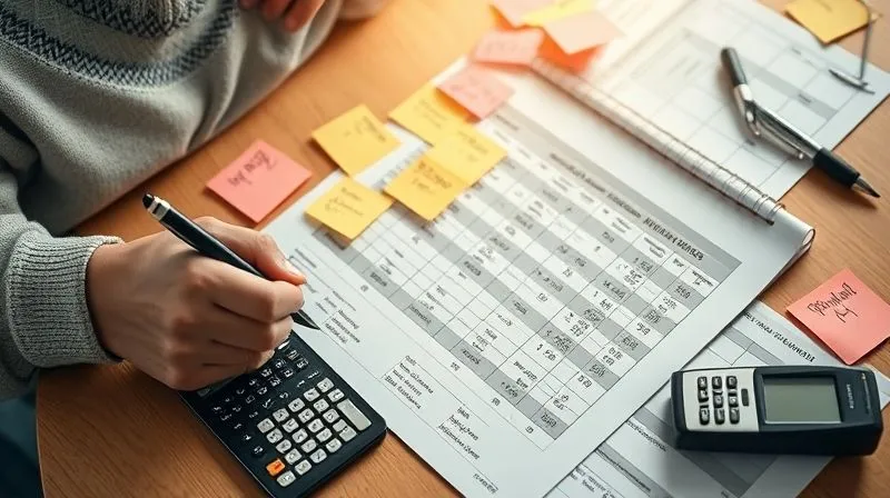photorealistic, professional photography, 8K, cinematic lighting, sharp focus, depth of field, shot on a high-end DSLR, a student diligently filling out a detailed budget spreadsheet, surrounded by sticky notes with various expense categories, a calculator and a pen, emphasizing organization and financial planning, soft ambient light.