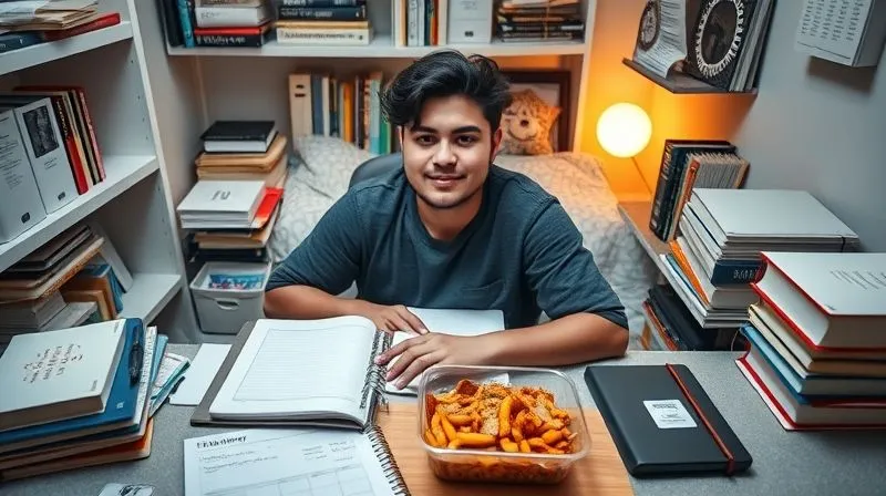 photorealistic, professional photography, 8K, cinematic lighting, sharp focus, depth of field, shot on a high-end DSLR, a student in a cozy dorm room, surrounded by neatly organized textbooks (some used, some digital), a budget planner open on the desk, and a healthy, home-cooked meal in a container, conveying smart financial choices for daily living.