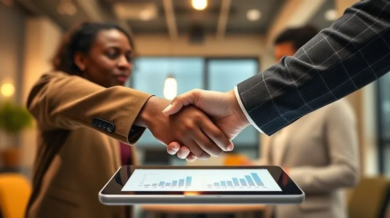 A photorealistic image of two diverse business owners shaking hands across a digital tablet displaying P2P lending graphs, with a warm, natural light illuminating their faces. The background features a blurred, modern office environment, symbolizing trust and partnership in the digital financial space. Professional photography, 8K, cinematic lighting, sharp focus on the handshake and tablet, depth of field, shot on a high-end DSLR.