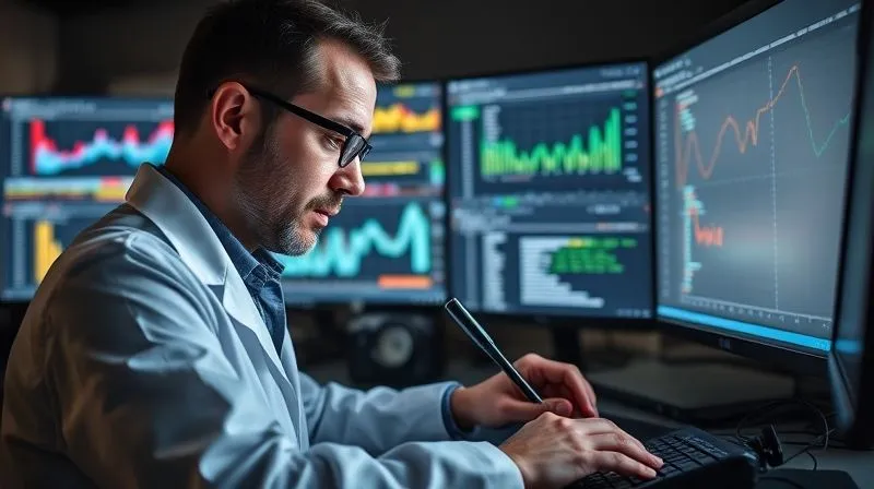 A photorealistic, professional photography, 8K, cinematic lighting, sharp focus, depth of field shot on a high-end DSLR of a data scientist meticulously crafting new features from raw financial data, with complex graphs and code snippets on multiple screens in the background, symbolizing the process of feature engineering and data preparation.