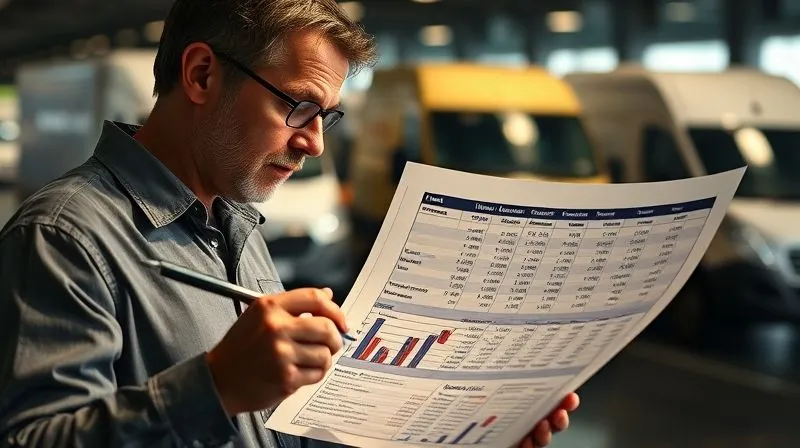 A photorealistic image of a small business owner looking thoughtfully at a complex spreadsheet displaying fleet insurance claims data and vehicle costs, with a pen in hand. The background shows a blurry fleet of commercial vehicles. Cinematic lighting, sharp focus on the spreadsheet, depth of field, 8K hyper-detailed, shot on a high-end DSLR.