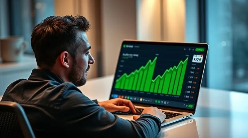 A photorealistic image of a person sitting at a modern desk, looking at a laptop screen displaying a financial dashboard with green upward-trending graphs and positive numbers. A calendar shows marked-off payment dates. The person has a calm, confident expression, symbolizing financial control and relief. Cinematic lighting, sharp focus on the person and screen, depth of field blurring the background, 8K hyper-detailed.