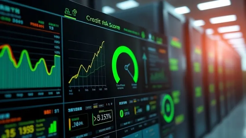 A photorealistic image of a futuristic dashboard displaying various data streams (e.g., transaction history, social media sentiment, utility payments) converging into a single, dynamic credit risk score. The score is green and trending upwards, indicating low risk. Cinematic lighting, sharp focus on the interactive display, depth of field blurring a modern data center in the background. Shot on a high-end DSLR, 8K hyper-detailed.