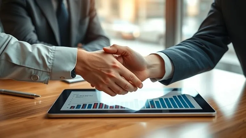 photorealistic, professional photography, 8K, cinematic lighting, sharp focus, depth of field, shot on a high-end DSLR, two business people shaking hands across a negotiation table, one person's hand subtly gesturing towards a financial chart on a tablet, symbolizing strategic cost-cutting and agreement. The atmosphere is professional and collaborative, with a sense of achieving mutual benefit.