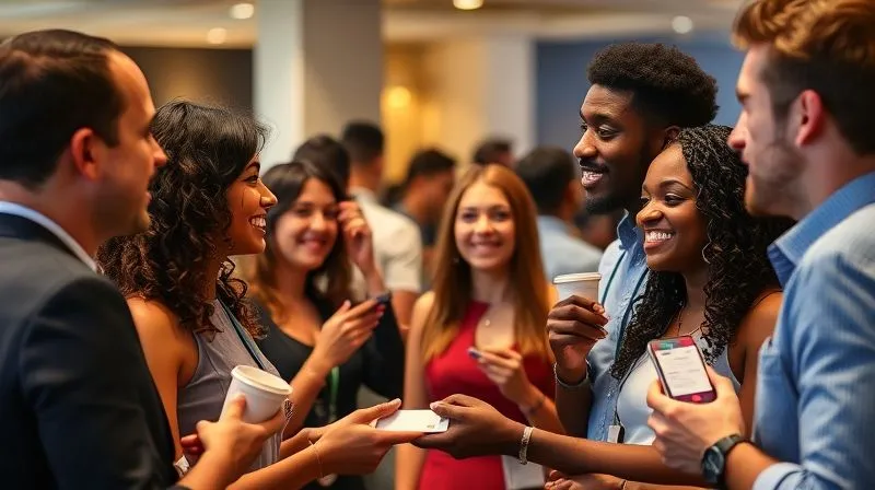 photorealistic, professional photography, 8K, cinematic lighting, sharp focus, depth of field, shot on a high-end DSLR, a vibrant networking event with diverse young professionals interacting, smiling, and exchanging business cards, in a modern, well-lit space, conveying community building and professional growth.