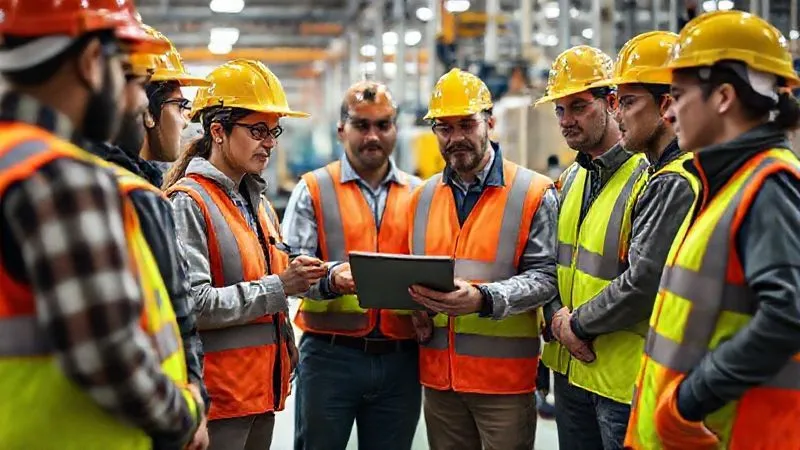 A photorealistic, professional photography shot of a diverse team of factory workers in safety gear, gathered around a supervisor who is pointing to a safety checklist on a tablet. They are actively engaged, with a clear sense of teamwork and shared responsibility for safety. The background shows a clean, organized factory floor. 8K, cinematic lighting, sharp focus on the team, depth of field blurring the machinery, shot on a high-end DSLR.