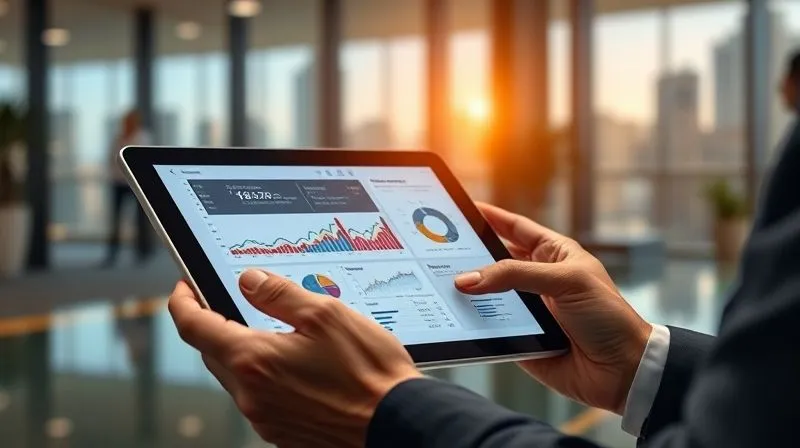 A photorealistic image of a professional investor's hands interacting with a sleek tablet displaying advanced real estate portfolio analytics and financial projections, with a blurred background of a modern office and a city skyline. Cinematic lighting, sharp focus on the tablet and hands, depth of field blurring the background. 8K hyper-detailed, professional photography, shot on a high-end DSLR.