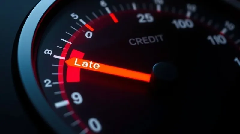 A photorealistic image of a credit score meter with a red zone labeled "Late Payments" and an arrow pointing downwards, indicating a negative impact on the score, cinematic lighting, sharp focus.