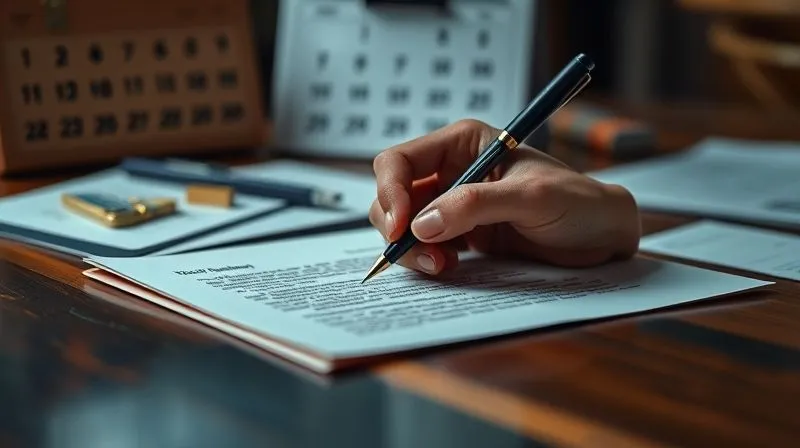 A photorealistic image of a hand writing a formal letter on elegant stationery, with a blurred background of financial documents and a calendar, cinematic lighting, sharp focus on the pen and paper.
