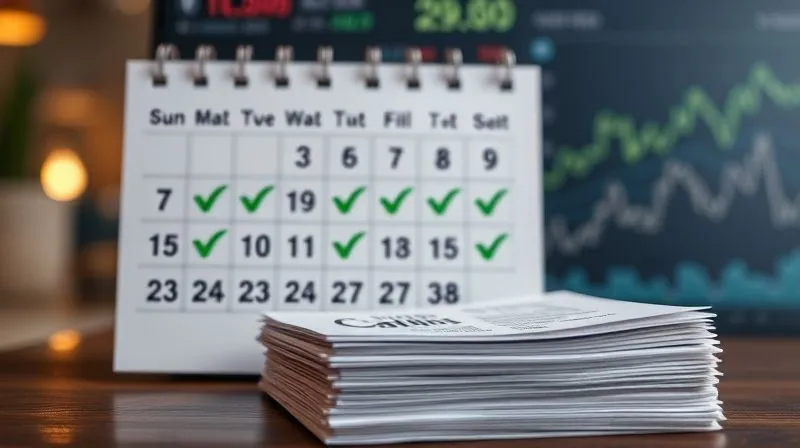 photorealistic, professional photography, 8K, cinematic lighting, sharp focus, depth of field, shot on a high-end DSLR of a calendar with every day marked with a green checkmark, symbolizing consistent on-time payments, with a stack of bills neatly organized in the foreground, and a blurred background of a modern financial dashboard.