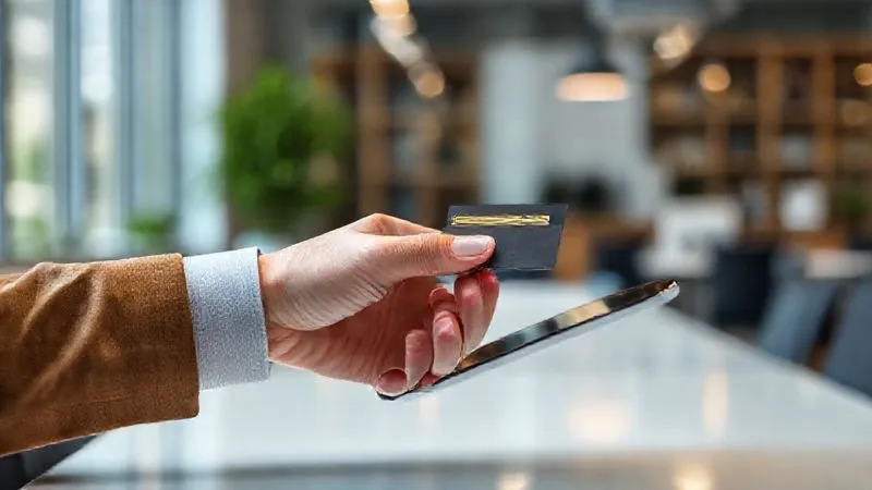 A photorealistic image of a hand holding a business credit card, making a payment on a tablet displaying a positive payment confirmation, with a blurred background of a modern, organized office space. Cinematic lighting, sharp focus on the card and tablet, depth of field, shot on a high-end DSLR, 8K hyper-detailed, professional photography.
