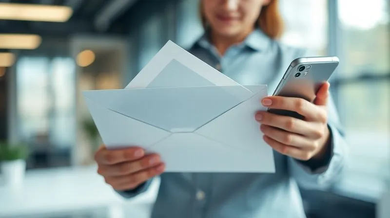 photorealistic, professional photography, 8K, cinematic lighting, sharp focus, depth of field, shot on a high-end DSLR, a person holding a neatly folded letter with an envelope, looking thoughtfully at a phone, symbolizing communication and negotiation with creditors. The background is a blurred, modern office setting, suggesting financial dealings.