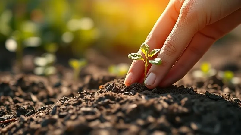 photorealistic, professional photography, 8K, cinematic lighting, sharp focus, depth of field, shot on a high-end DSLR, a person's hand carefully placing a small, healthy green sprout into rich soil, symbolizing nurturing growth and the long-term process of credit repair. The background is a blurred, sunlit garden, conveying hope and natural progression.