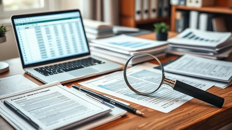 Photorealistic, professional photography, 8K, cinematic lighting, sharp focus, depth of field, shot on a high-end DSLR. A meticulously organized desk with stacks of financial documents, open ledgers, a laptop displaying a spreadsheet, and a magnifying glass, symbolizing thorough financial investigation and record-keeping.