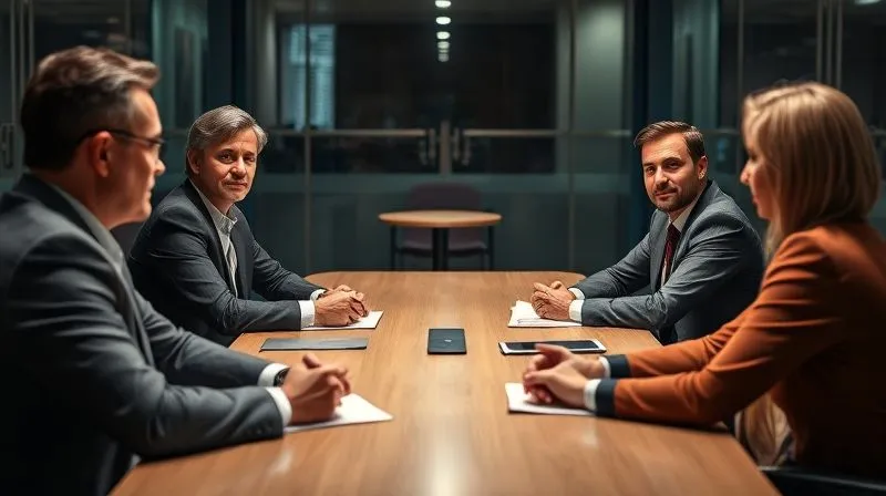 A photorealistic image of a professional mediation or arbitration session in progress. Two parties and a neutral facilitator are seated around a modern conference table. The atmosphere is serious but calm, with focused expressions. Cinematic lighting, sharp focus on the participants, depth of field blurring the background, 8K hyper-detailed.