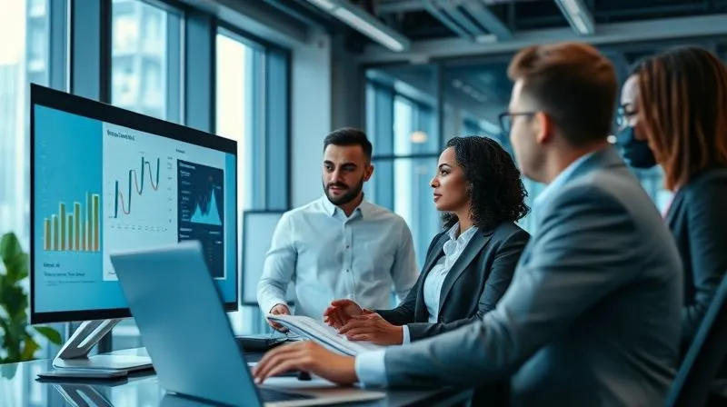 A photorealistic image of a diverse group of business professionals in a modern office, engaged in a risk assessment meeting. They are looking at charts and diagrams on a large screen, discussing prevention strategies. The mood is collaborative and proactive. Cinematic lighting, sharp focus on the group, depth of field blurring the background, 8K hyper-detailed.
