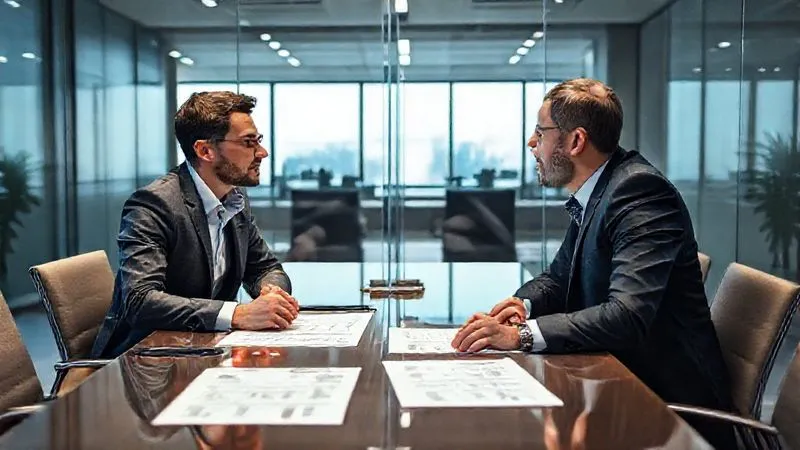 A photorealistic, professional photography, 8K, cinematic lighting, sharp focus, depth of field, shot on a high-end DSLR, depicting two business professionals (one a startup founder, one an investor) engaged in a serious but open conversation across a boardroom table, with a transparent glass partition between them, symbolizing clear and honest communication amidst complex financial documents, conveying trust and resolution.