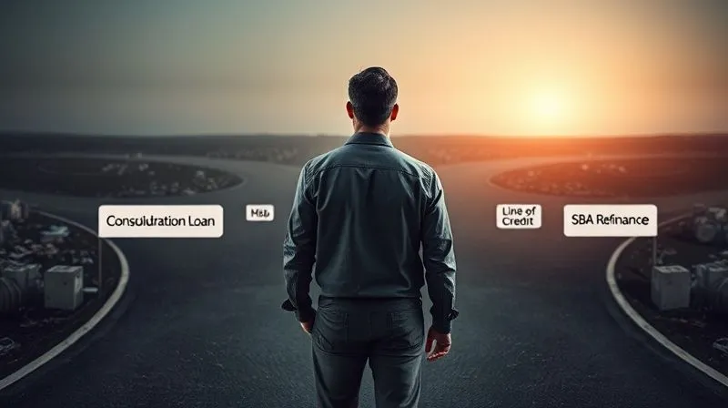 photorealistic, professional photography, 8K, cinematic lighting, sharp focus, depth of field, shot on a high-end DSLR. A business owner at a crossroads, looking down three distinct, well-lit paths, each labeled with a different debt consolidation option (e.g., "Consolidation Loan," "Line of Credit," "SBA Refinance"). The paths converge from a chaotic, shadowed background representing scattered debts, toward a clear, bright horizon symbolizing financial stability. The owner appears thoughtful and strategic, not rushed.