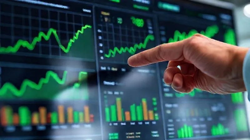 A photorealistic image of a detailed financial dashboard displaying various metrics like cash flow, debt-to-equity ratio, and profit margins, with clear, green upward-trending graphs in sharp focus. A hand points to a specific metric, emphasizing analysis. The setting is a modern, clean office environment, with cinematic lighting and a shallow depth of field, 8K hyper-detailed.