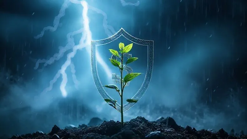 A photorealistic image depicting a strong, intricate financial shield protecting a growing sapling from stormy weather and lightning, symbolizing risk mitigation and financial resilience. The shield is made of interwoven symbols of currency and stability. Cinematic lighting highlights the contrast between the calm sapling and the turbulent background, with sharp focus on the shield and sapling, 8K hyper-detailed.