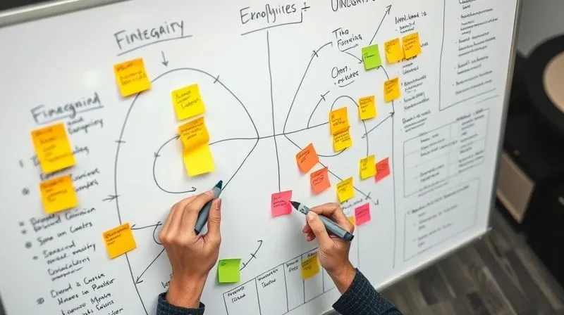 A photorealistic overhead shot of a large whiteboard with complex financial categories being mapped and linked with colorful lines and sticky notes, representing the integration of two companies' budgets. Hands with markers are actively working on the board. Professional photography, 8K, cinematic lighting, sharp focus on the whiteboard, depth of field blurring the surrounding office, shot on a high-end DSLR.