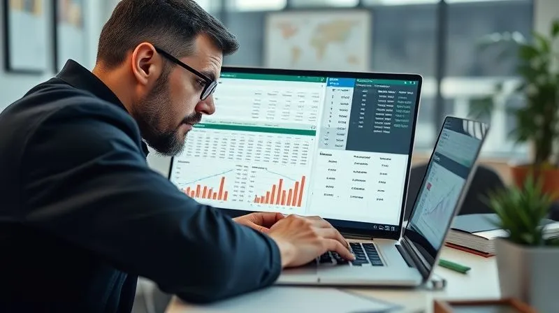 A photorealistic image of a business owner meticulously analyzing a complex financial spreadsheet on a laptop, with various charts and graphs displayed. The screen shows lines representing different debt types and their associated interest rates, with a focus on risk assessment. Professional photography, 8K, cinematic lighting, sharp focus on the screen and the owner's thoughtful expression, depth of field blurring the office background, shot on a high-end DSLR.