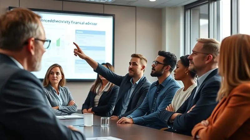 A photorealistic image of a diverse group of business leaders in a modern, well-lit conference room, intently listening to a financial advisor who is pointing to a projection on a screen. The advisor looks professional and trustworthy, and the atmosphere is one of focused problem-solving. Professional photography, 8K, cinematic lighting, sharp focus on the advisor and the attentive faces of the business leaders, depth of field blurring the background, shot on a high-end DSLR.