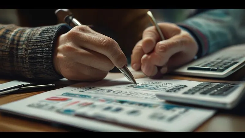 photorealistic, professional photography, 8K, cinematic lighting, sharp focus, depth of field, shot on a high-end DSLR. Close-up of hands meticulously filling out complex mortgage refinancing paperwork, with a financial calculator, a pen, and a laptop displaying interest rates and loan terms. The scene is professional and focused, emphasizing the intricate details of financial decision-making.