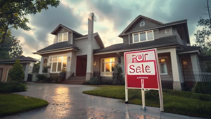 photorealistic, professional photography, 8K, cinematic lighting, sharp focus, depth of field, shot on a high-end DSLR. A 'For Sale' sign standing prominently in front of a beautiful, well-maintained high-value home, under a slightly overcast sky, conveying a sense of change and a difficult but necessary decision. The focus is on the sign and the house, with a soft blur in the background.