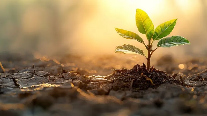photorealistic, professional photography, 8K, cinematic lighting, sharp focus, depth of field, shot on a high-end DSLR. A healthy, vibrant sapling growing out of cracked, dry earth, with strong new roots reaching deep. The background is a soft, warm light of a rising sun, symbolizing growth, resilience, and renewed financial stability after a period of hardship.