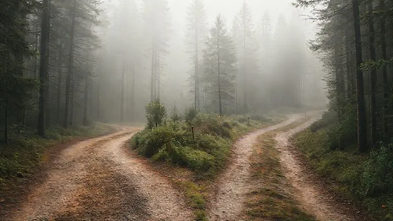 A photorealistic image depicting two distinct pathways diverging in a misty forest, one clearly paved and leading to a seemingly brighter, but potentially risky, destination, and the other a more rugged, winding path, but with visible safety markers. Cinematic lighting, sharp focus on the fork in the road, depth of field blurring the distant trees, 8K hyper-detailed, professional photography, shot on a high-end DSLR.
