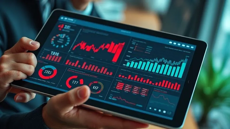 A photorealistic, detailed financial dashboard displaying various charts and graphs with some indicators highlighted in red, signifying financial distress. The dashboard is on a tablet, held by a person in a professional setting, with a worried expression, cinematic lighting, sharp focus on the tablet, depth of field, 8K hyper-detailed, shot on a high-end DSLR.