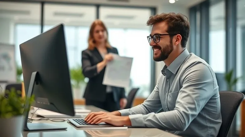 A photorealistic image of a professional at a desk, looking confidently at a laptop screen, with a mentor figure standing beside them, offering guidance and pointing to a chart. The office is modern and bright, cinematic lighting, sharp focus on both figures, depth of field, 8K hyper-detailed, shot on a high-end DSLR.