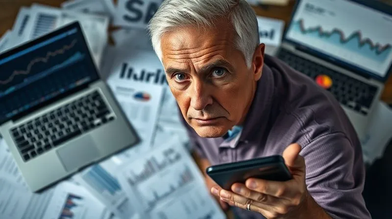 photorealistic, professional photography, 8K, cinematic lighting, sharp focus, depth of field, shot on a high-end DSLR, a senior person with a serious but determined expression, surrounded by scattered financial statements and a laptop displaying complex charts, one hand resting on a calculator, conveying the act of deep financial assessment after a market downturn, emotionally resonant but empowering.