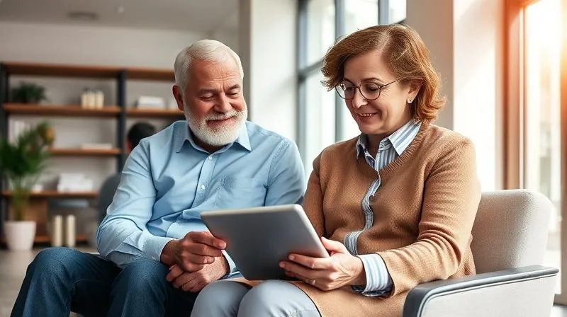 photorealistic, professional photography, 8K, cinematic lighting, sharp focus, depth of field, shot on a high-end DSLR, a senior couple sitting comfortably with a professional financial advisor in a bright, modern office, all looking at a tablet with a graph showing market recovery, a sense of trust, relief, and collaboration, conveying expert guidance and support.